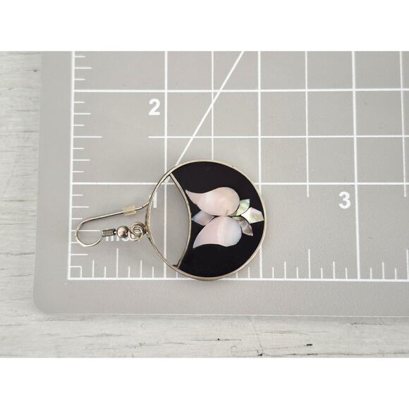 Vintage Alpaca Silver Mother of Pearl Black Enamel Dangle Earrings - Picture 5 of 6